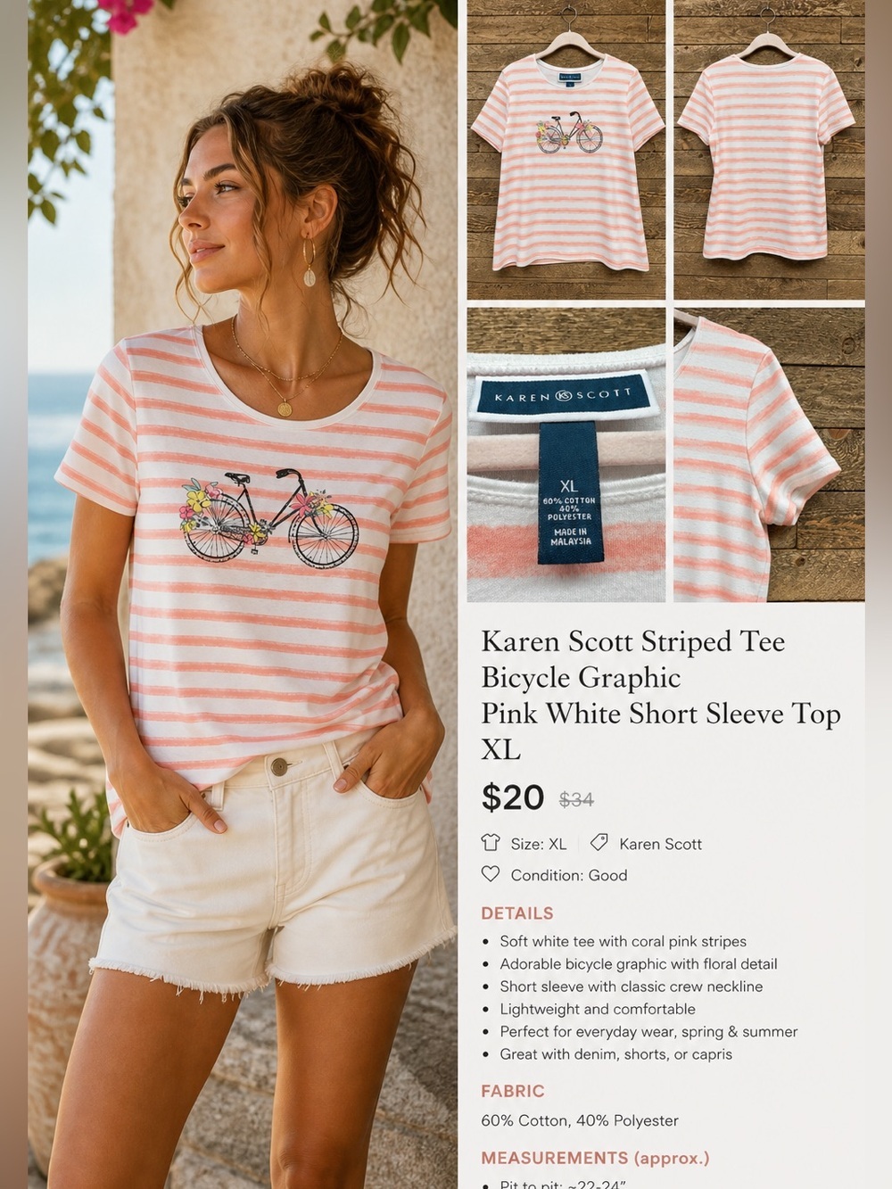 Karen Scott Pink and White Striped Bicycle Graphic Tee